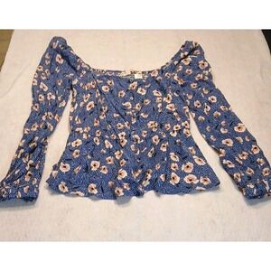 Floral Print Long Sleeve Peplum Top Smocked Square Neck Blouse Blue
